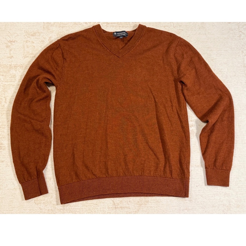 Hart Schaffner Marx Mens V-Neck Sweater Extra Fine Merino Wool Rust Brown Size M